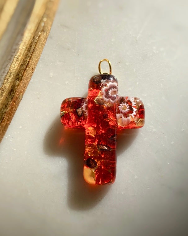 Pendentif En Verre Murano Vintage Rouge & Orange - Pièce Carrée Artisanale Pour Collier
