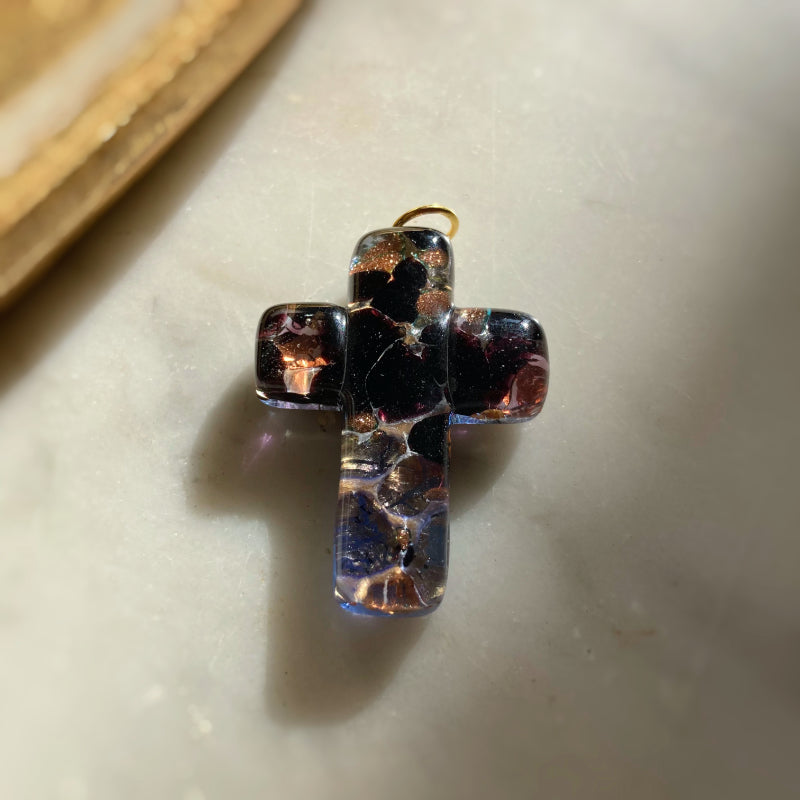 Croix Murano noir bleu orange