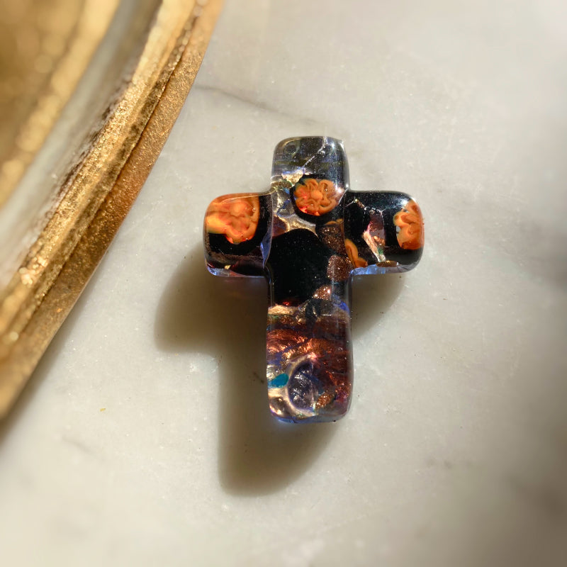 Croix Murano noir bleu orange